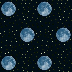 blue moon and fireflies on dark navy