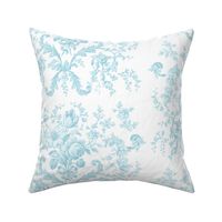 Faded Rococo Roses in aqua on white