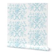 Faded Rococo Roses in aqua on white