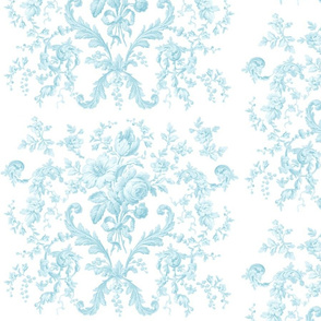 Faded Rococo Roses in aqua on white