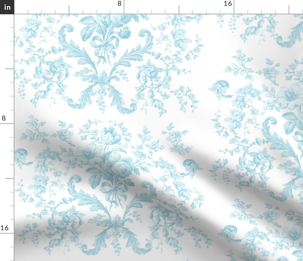 Faded Rococo Roses in aqua on white