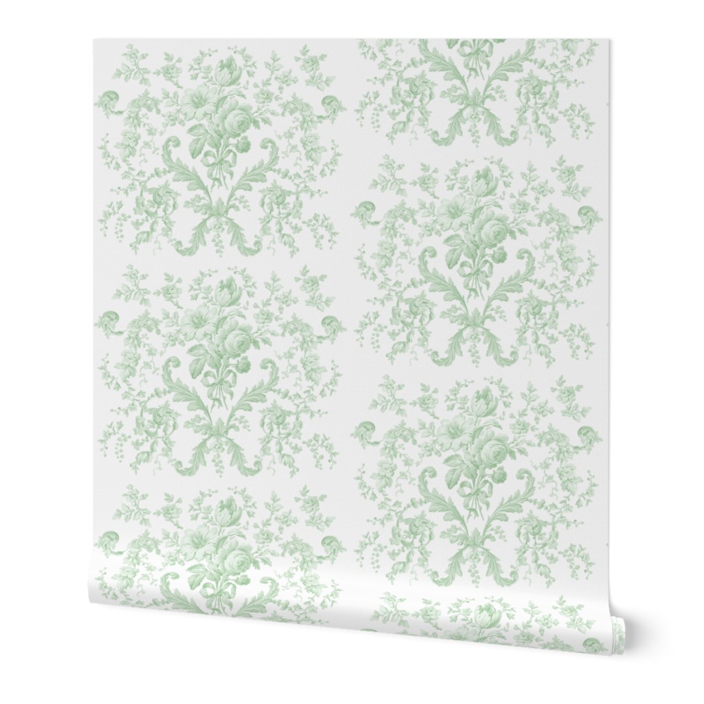 Faded Rococo Roses in basil on white