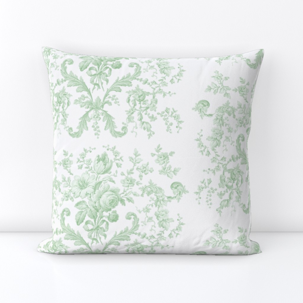 Faded Rococo Roses in basil on white