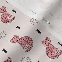 Adorable girls tiger kitten fun panther style cat illustration and geometric details beige and soft pastel pink XS