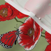 RED_Poppies and Butterflies on Pale Green