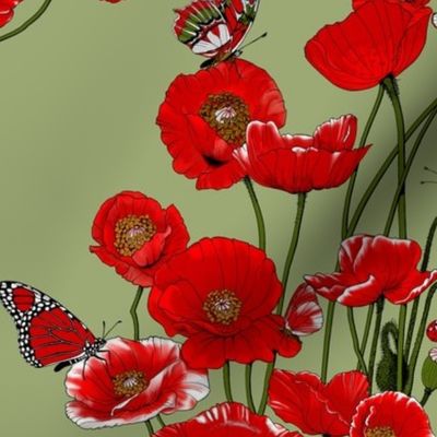 RED_Poppies and Butterflies on Pale Green