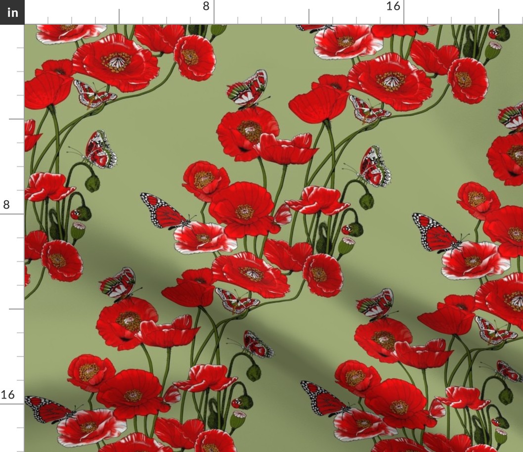RED_Poppies and Butterflies on Pale Green