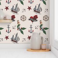 Classic Sailor Tattoo Fabric- Cream Background