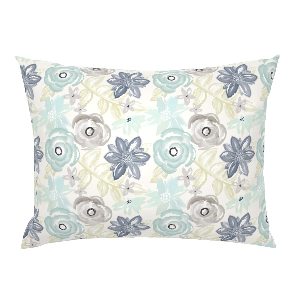 Spring Garden Watercolor Floral in Blue Green