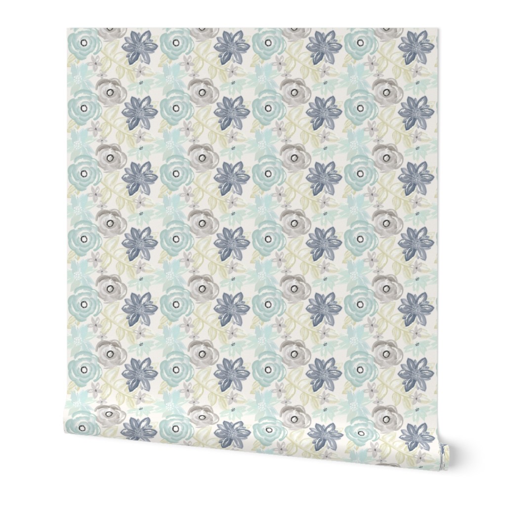 Spring Garden Watercolor Floral in Blue Green