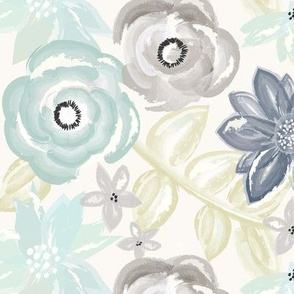 Spring Garden Watercolor Floral in Blue Green