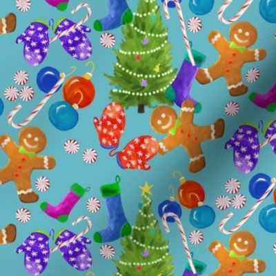 Lighter Blue Christmas Wrap with Gingerbread men