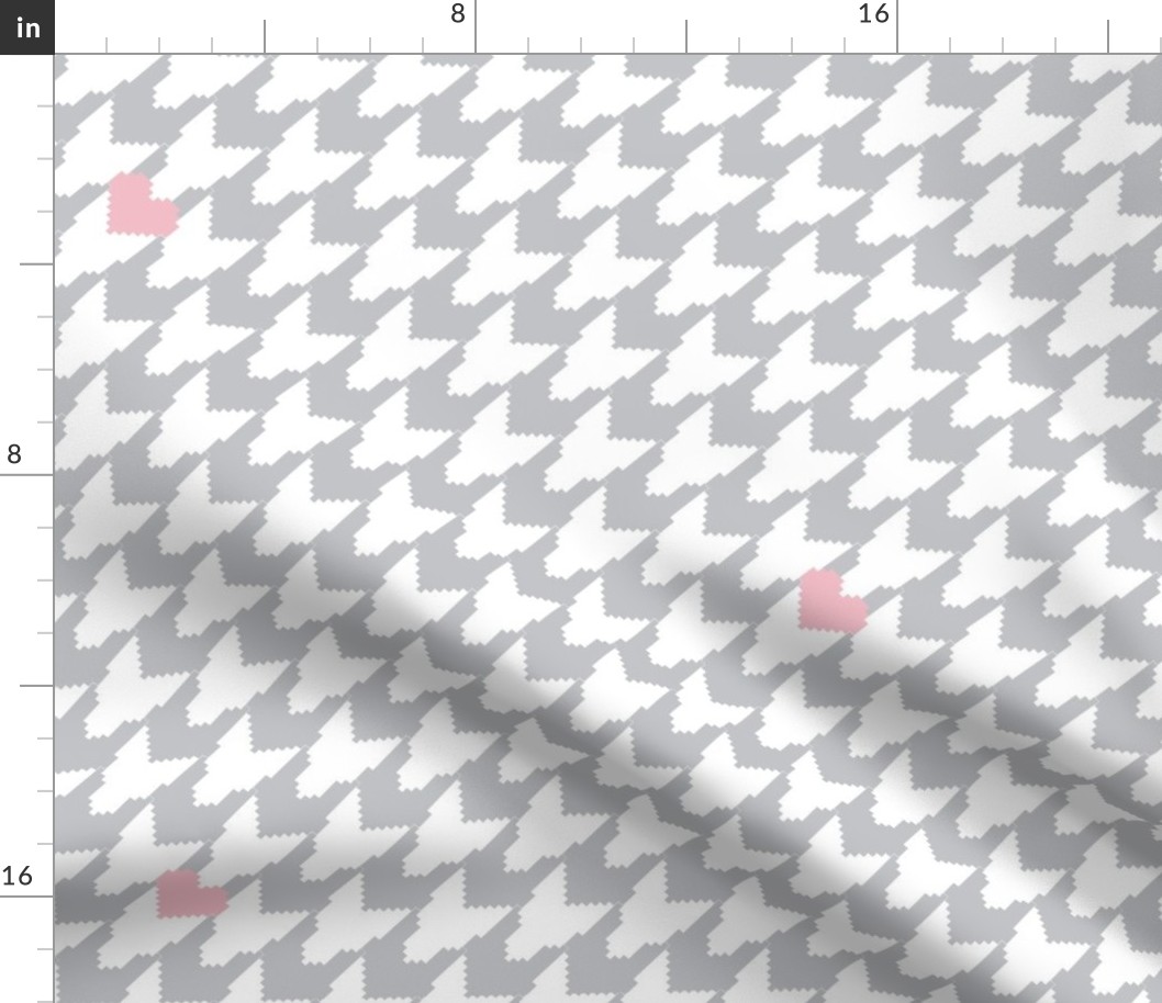 Houndstooth with Hearts Large - Gray/White/Pink