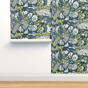 Goats and Kin, large scale, teal blue yellow green white