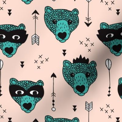 Cool woodland grizzly bears hipster indian arrows and super hero mask illustration for kids in soft nude and aqua blue