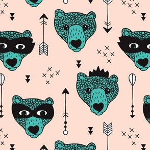 Cool woodland grizzly bears hipster indian arrows and super hero mask illustration for kids in soft nude and aqua blue