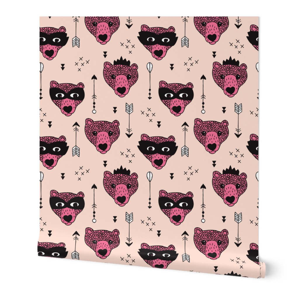 Cool woodland grizzly bears hipster indian arrows and super hero mask illustration for kids pink pale for girls