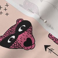 Cool woodland grizzly bears hipster indian arrows and super hero mask illustration for kids pink pale for girls