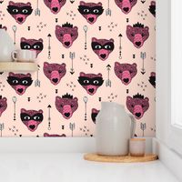 Cool woodland grizzly bears hipster indian arrows and super hero mask illustration for kids pink pale for girls