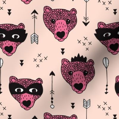 Cool woodland grizzly bears hipster indian arrows and super hero mask illustration for kids pink pale for girls