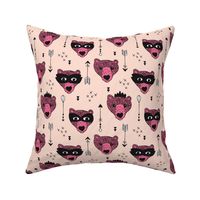 Cool woodland grizzly bears hipster indian arrows and super hero mask illustration for kids pink pale for girls