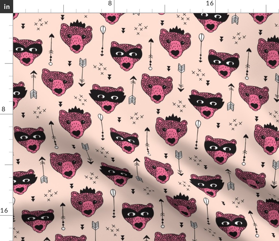 Cool woodland grizzly bears hipster indian arrows and super hero mask illustration for kids pink pale for girls