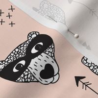 Cool woodland grizzly bears hipster indian arrows and super hero mask illustration for kids gender neutral pale black and white