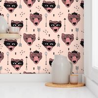 Cool woodland grizzly bears hipster indian arrows and super hero mask illustration for kids in pale pink for girls