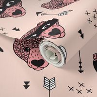 Cool woodland grizzly bears hipster indian arrows and super hero mask illustration for kids in pale pink for girls