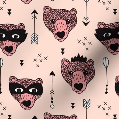 Cool woodland grizzly bears hipster indian arrows and super hero mask illustration for kids in pale pink for girls