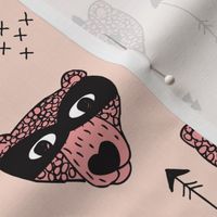 Cool woodland grizzly bears hipster indian arrows and super hero mask illustration for kids in pale pink for girls