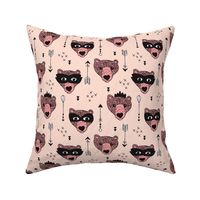 Cool woodland grizzly bears hipster indian arrows and super hero mask illustration for kids in pale pink for girls