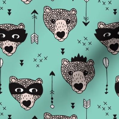 Cool woodland grizzly bears hipster indian arrows and super hero mask illustration for kids in mint