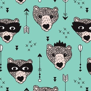 Cool woodland grizzly bears hipster indian arrows and super hero mask illustration for kids in mint
