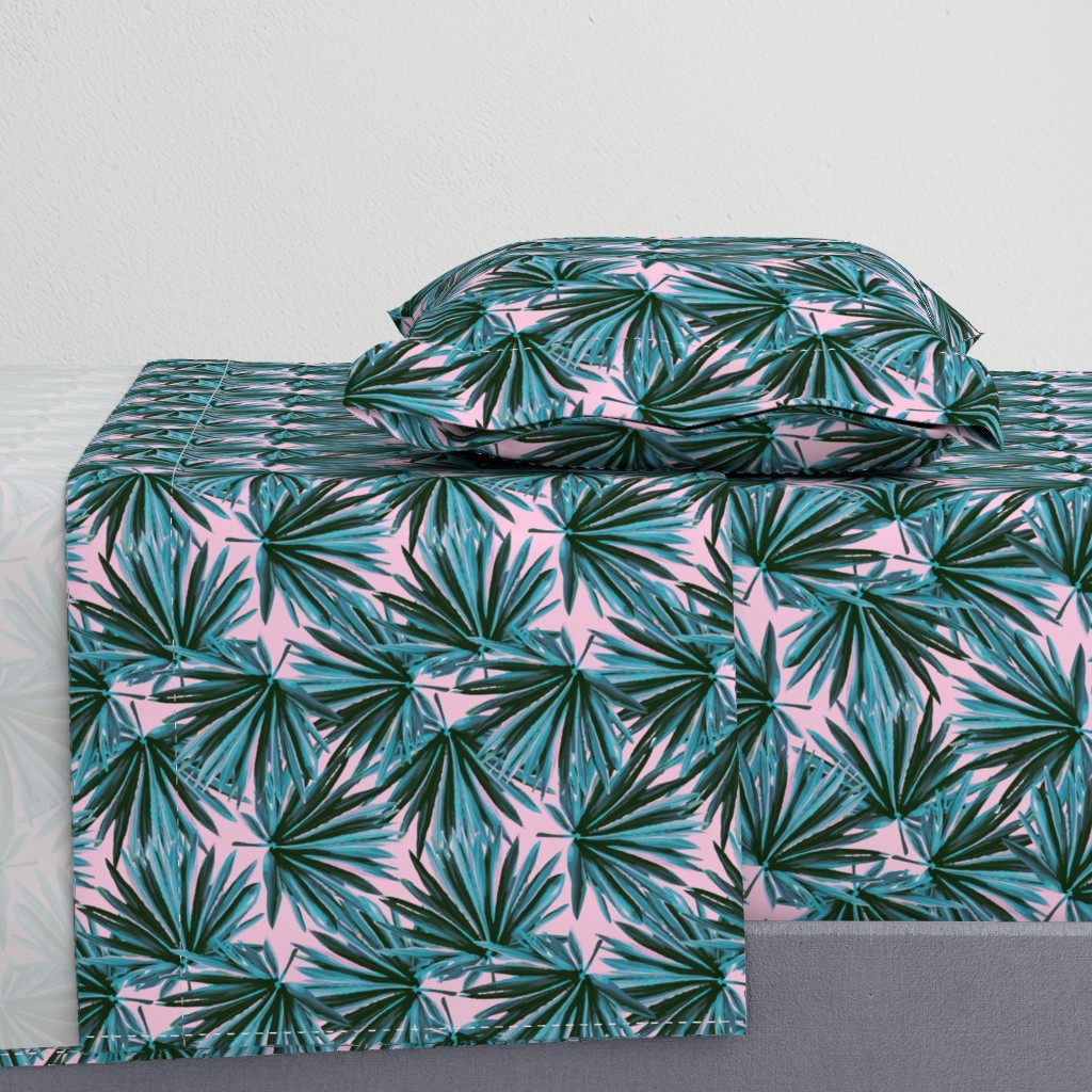 Tropical Palm Leaves in Botanical Green + Pink Conch