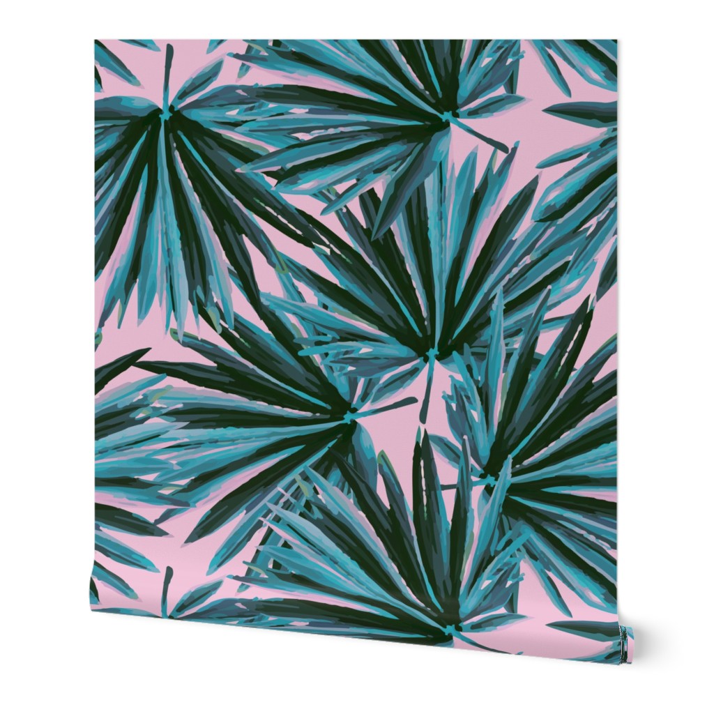 Tropical Palm Leaves in Botanical Green + Pink Conch