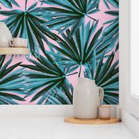 Tropical Palm Leaves in Botanical Green + Pink Conch