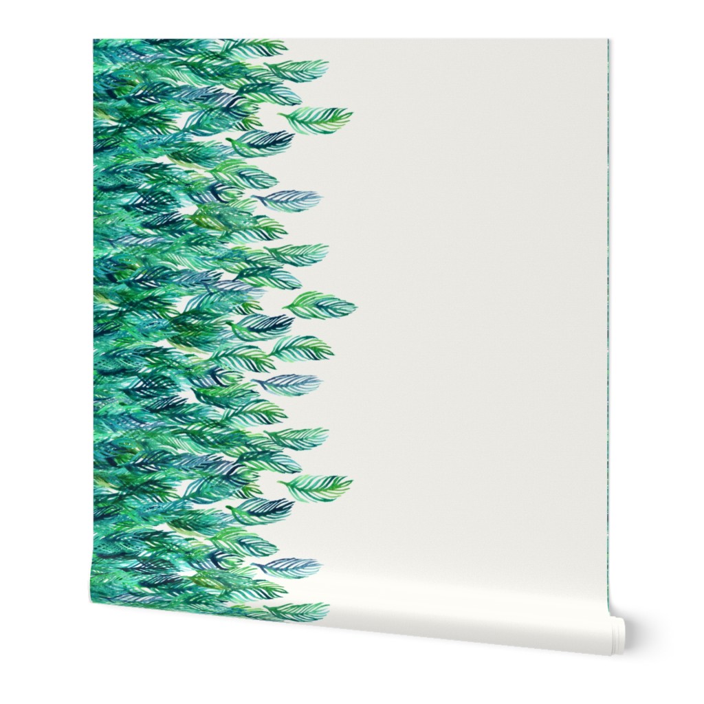 Green watercolor leaves border print on cream