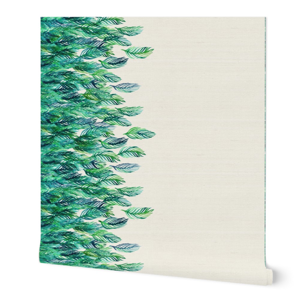 Green watercolor leaves border print on cream