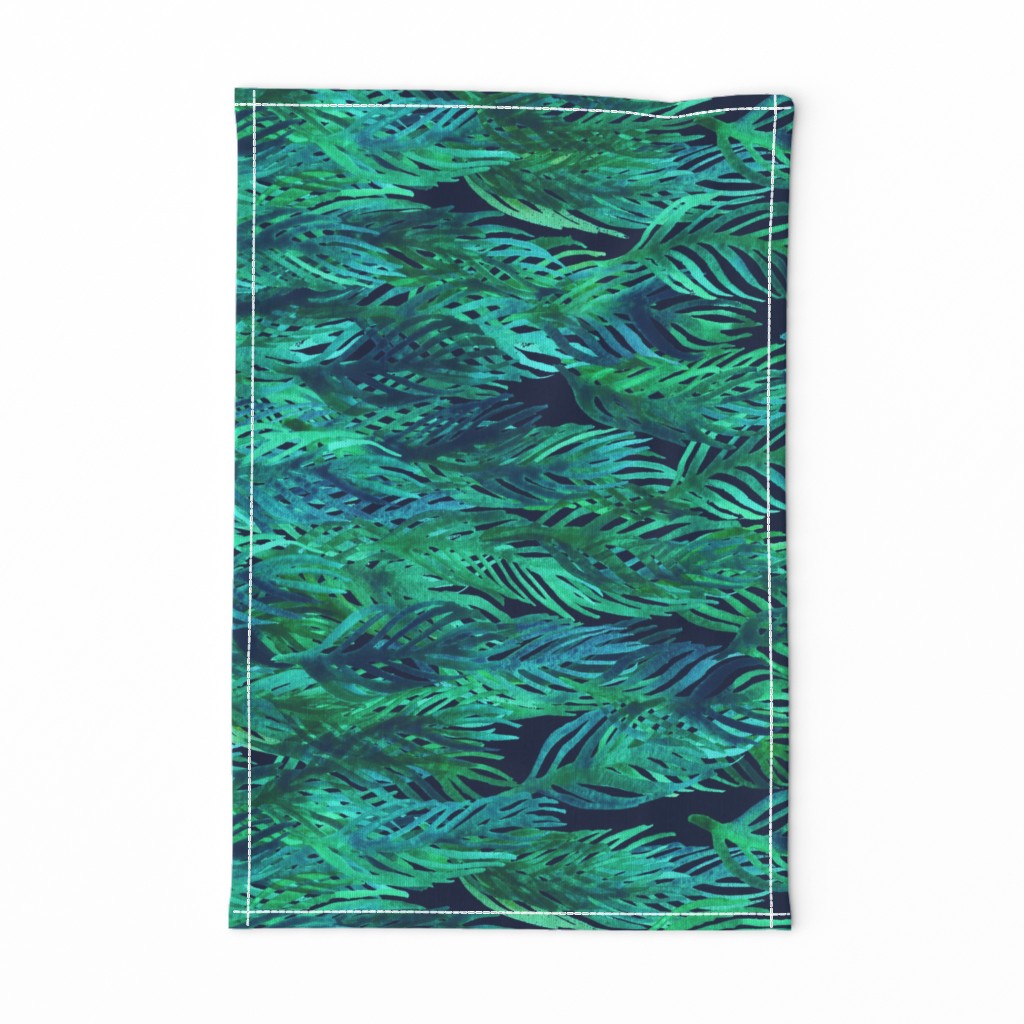 Green Watercolor Leaves on Navy border print