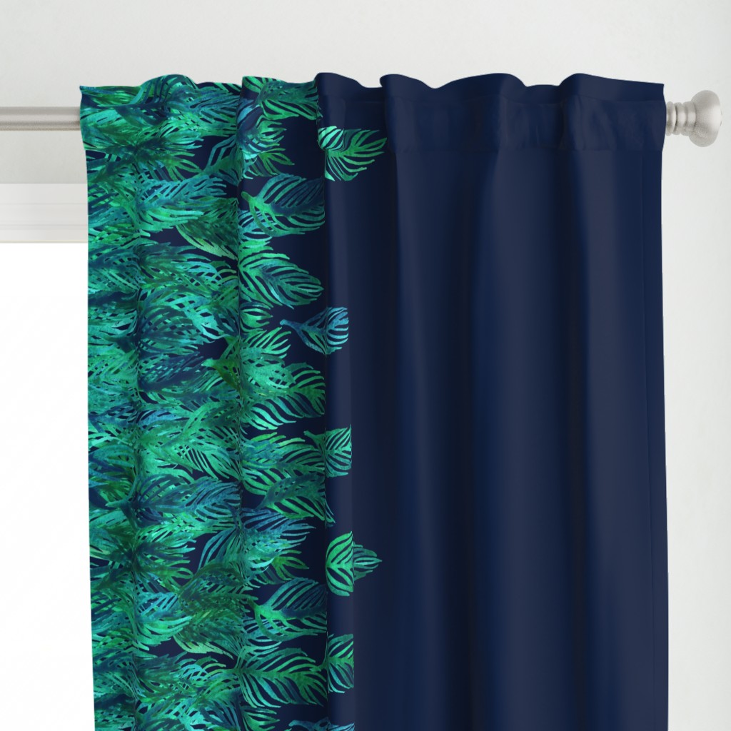 Green Watercolor Leaves on Navy border print