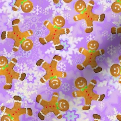 Gingerbread Men on Purple Snowflakes Background