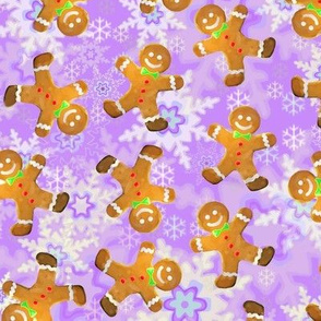 Gingerbread Men on Purple Snowflakes Background