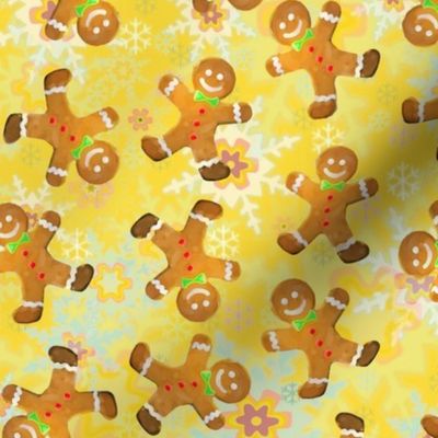 Gingerbread Men on Gold Tone Snowflake Pattern