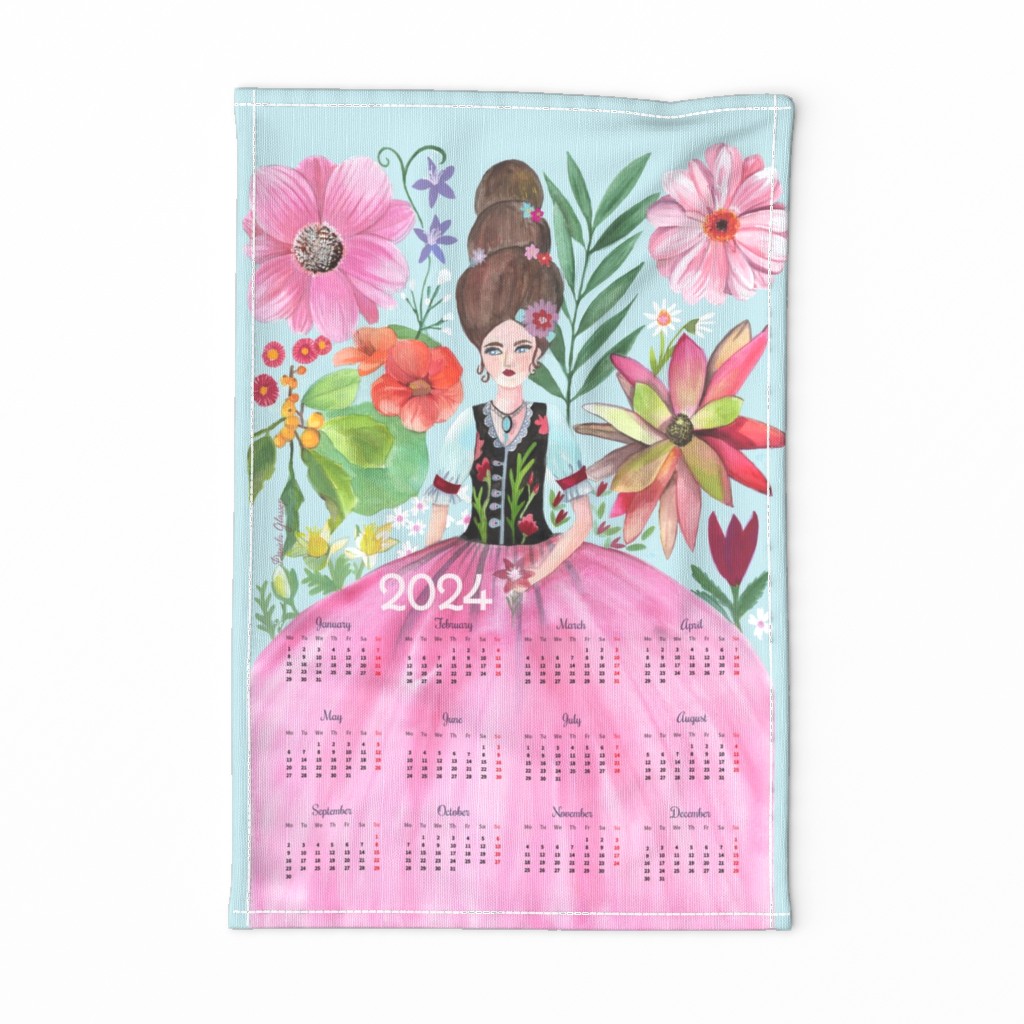 2024 calendar-Beehive hairstyle and an Abundance of Flowers tea towel/wall hanging