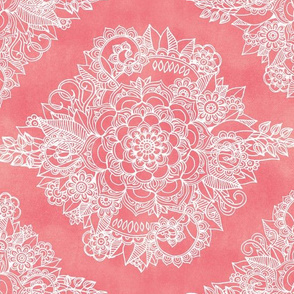 White Floral Moroccan on Coral Pink - horizontal