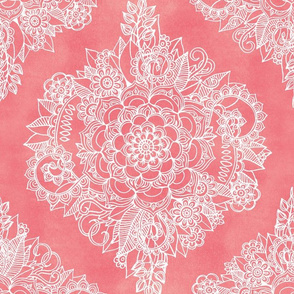 White Floral Moroccan on Coral Pink