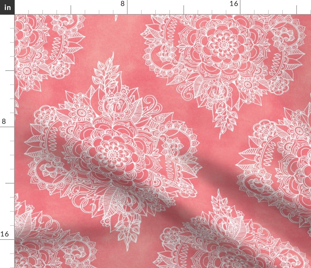 White Floral Moroccan on Coral Pink