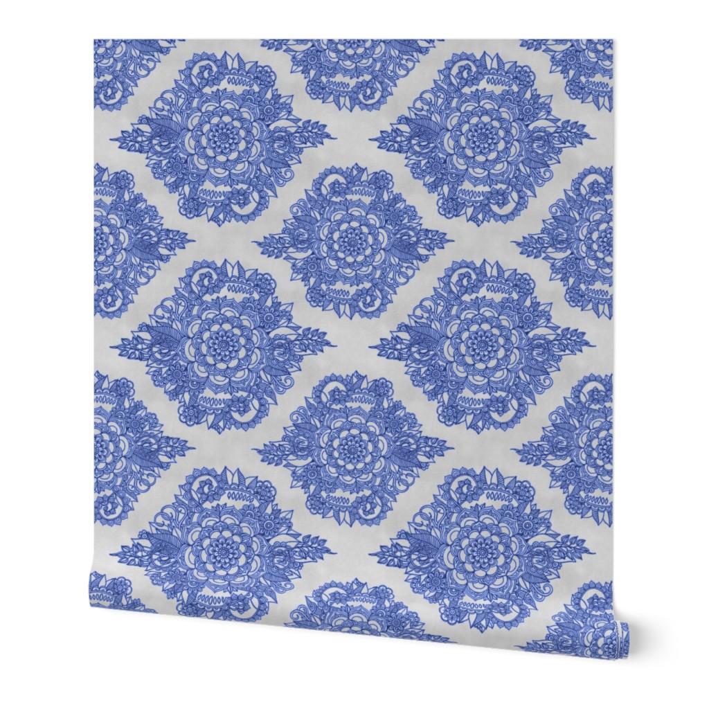 Cobalt Blue Floral Moroccan Doodle on Grey - horizontal