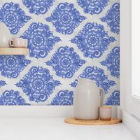 Cobalt Blue Floral Moroccan Doodle on Grey - horizontal